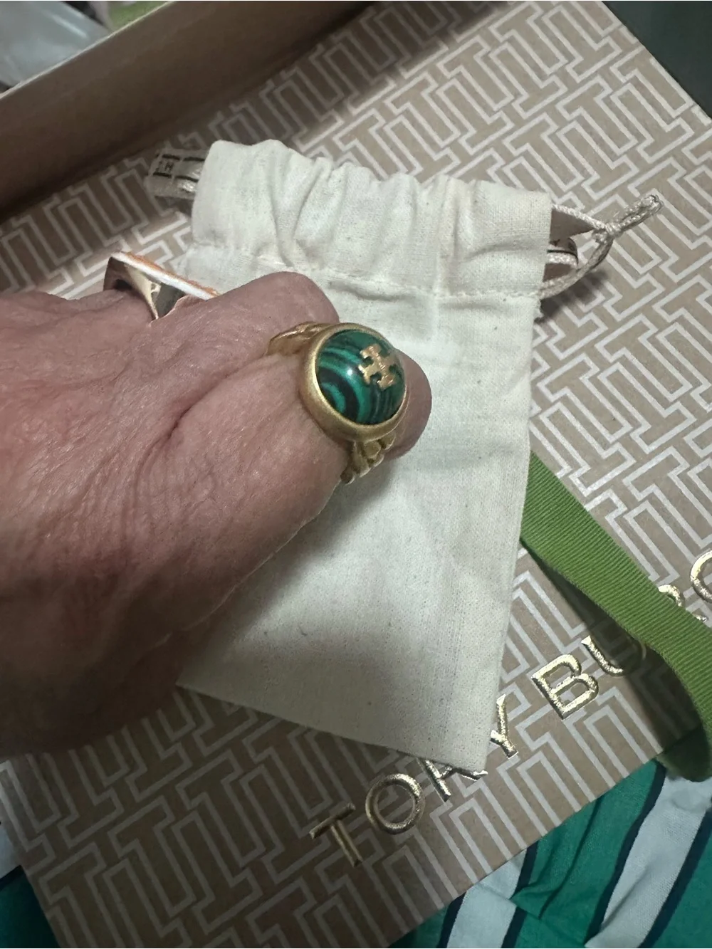 Tory Burch Gold Ring with Green Malachite Center New with pouch